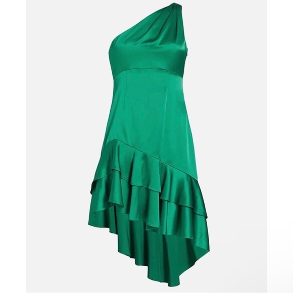 CINQ A SEPT 100% silk shell one shoulder high low dress in jade - Picture 3 of 8